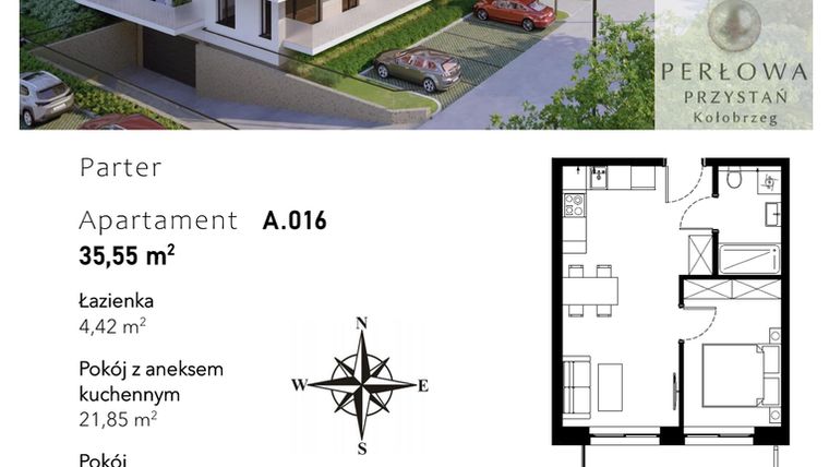 Rzut - Mieszkanie na sprzedaż 2 pokoje o powierzchni 35,55 m² - numer A.016 w Perłowa Przystań - Kołobrzeg - etap II