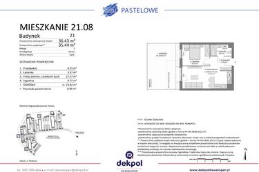 Rzut - Mieszkanie na sprzedaż 2 pokoje o powierzchni 35,44 m² - numer 21.08 w Osiedle Pastelowe etap IV