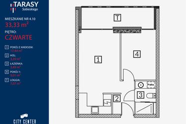 Rzut - Mieszkanie na sprzedaż 2 pokoje o powierzchni 33,33 m² - numer B2.M.4.10 w Tarasy Sobieskiego