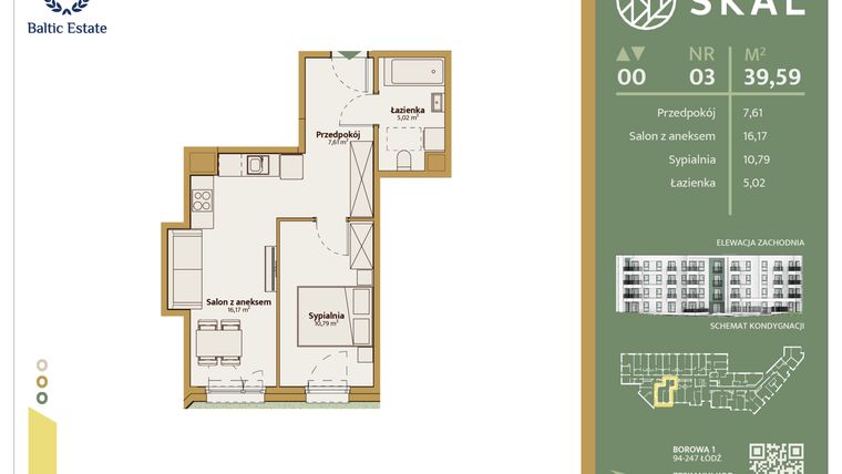 Rzut - Mieszkanie na sprzedaż 2 pokoje o powierzchni 39,59 m² - numer M.3 w Skal