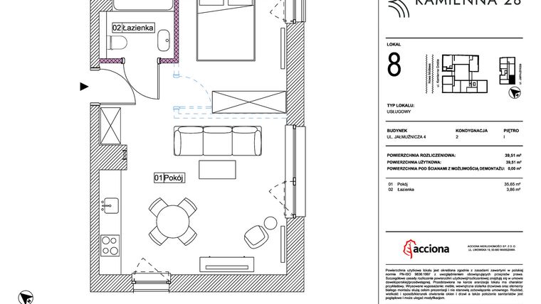 Rzut - Mieszkanie na sprzedaż 1 pokój o powierzchni 39,51 m² - numer 4.8 w Kamienna 28 - apartamenty inwestycyjne