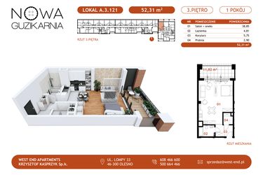 Rzut - Mieszkanie na sprzedaż 1 pokój o powierzchni 52,31 m² - numer A.3.121 w Nowa Guzikarnia