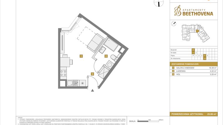Rzut - Mieszkanie na sprzedaż 1 pokój o powierzchni 25,86 m² - numer D13 w Apartamenty Beethovena etap 2
