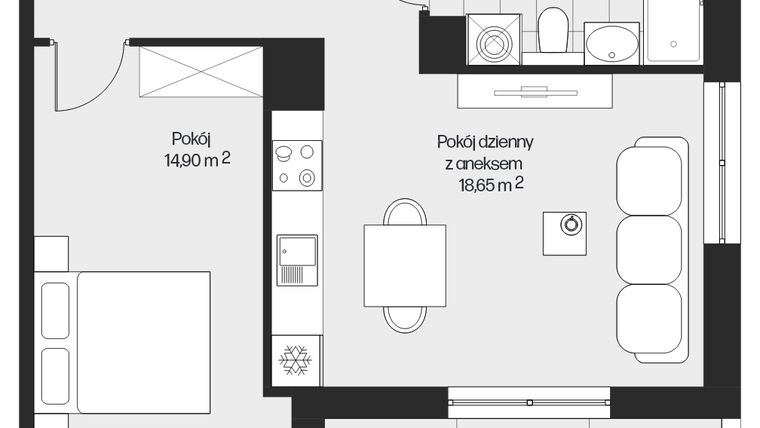 Rzut - Mieszkanie na sprzedaż 2 pokoje o powierzchni 44,28 m² - numer G1-116 w Piasta Park VI