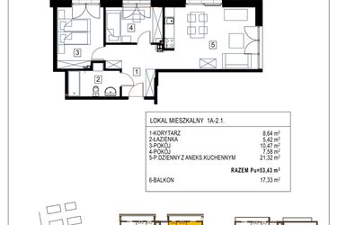 Rzut - Mieszkanie na sprzedaż 3 pokoje o powierzchni 53,43 m² - numer 1A-2.1 w Gardenia Pogodno