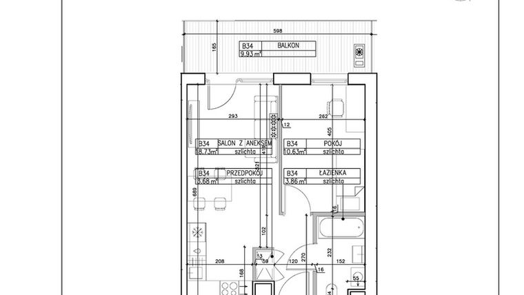Rzut - Mieszkanie na sprzedaż 2 pokoje o powierzchni 36,9 m² - numer B34 w Symfonia - Chodkiewicza 9
