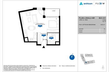 Rzut - Mieszkanie na sprzedaż 1 pokój o powierzchni 38,5 m² - numer B23 231 w Flow - bud. B2 A i bud. B2 B
