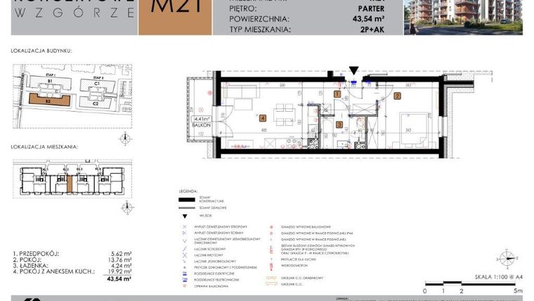 Rzut - Mieszkanie na sprzedaż 2 pokoje o powierzchni 43,54 m² - numer B2.21 w Koncertowe Wzgórze