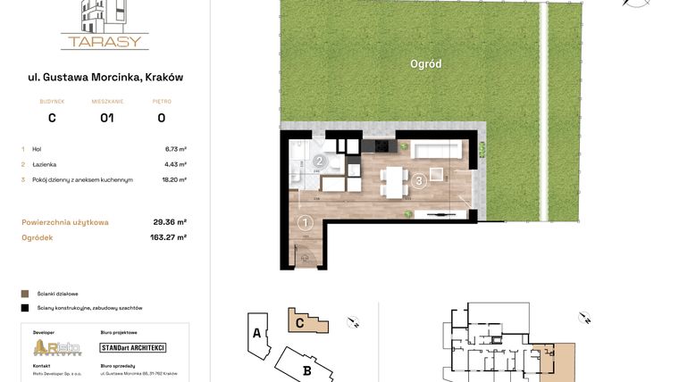 Rzut - Mieszkanie na sprzedaż 1 pokój o powierzchni 29,36 m² - numer C1 w Krzesławickie Tarasy