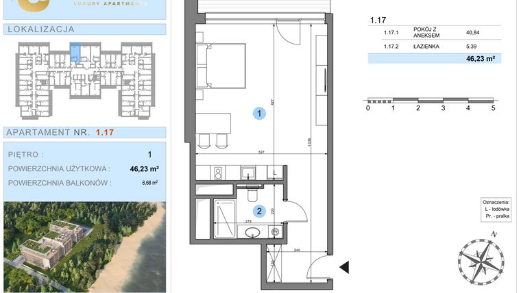 Rzut - Mieszkanie na sprzedaż 1 pokój o powierzchni 46,23 m² - numer 1.17 w Ustronie Luxury Apartments