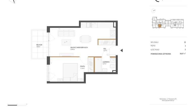 Rzut - Mieszkanie na sprzedaż 2 pokoje o powierzchni 38,67 m² - numer M.23 w Popularna 35