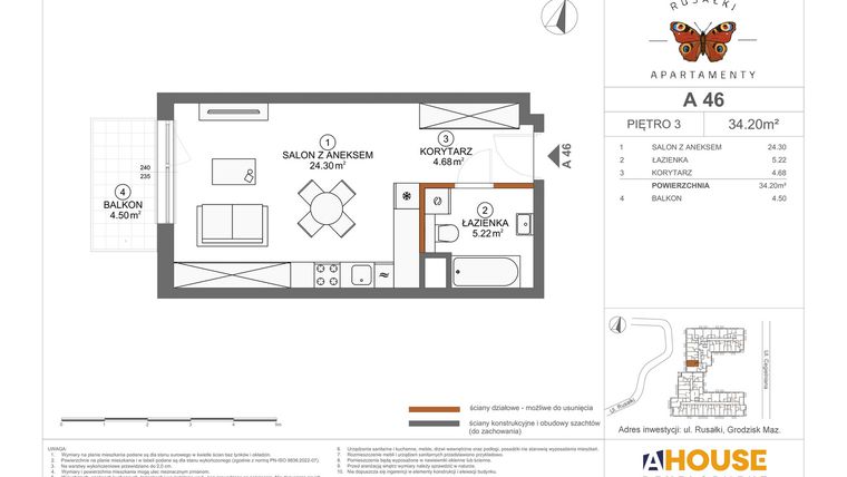 Rzut - Mieszkanie na sprzedaż 1 pokój o powierzchni 34,2 m² - numer A46 w Apartamenty Rusałki