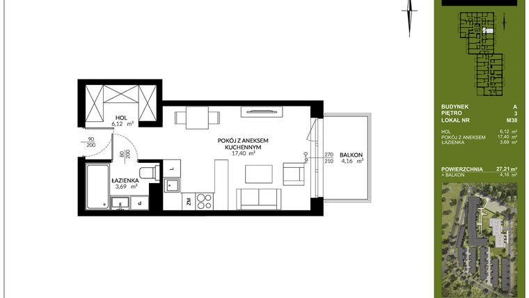 Rzut - Mieszkanie na sprzedaż 1 pokój o powierzchni 27,21 m² - numer A_M38 w Triton Kampinos III