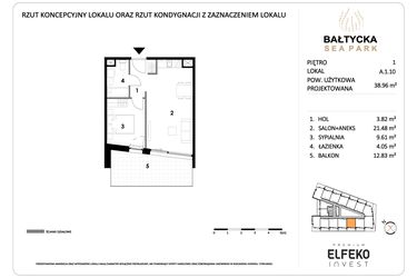 Rzut - Mieszkanie na sprzedaż 2 pokoje o powierzchni 38,96 m² - numer A.1.10 w Bałtycka Sea Park