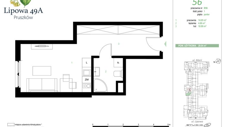 Rzut - Mieszkanie na sprzedaż 1 pokój o powierzchni 29,04 m² - numer 56B w Lipowa 49A - Apartamenty inwestycyjne