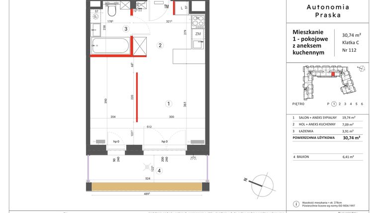 Rzut - Mieszkanie na sprzedaż 1 pokój o powierzchni 30,74 m² - numer 112 w Autonomia Praska