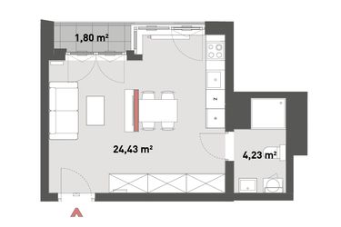 Rzut - Mieszkanie na sprzedaż 1 pokój o powierzchni 28,66 m² - numer A.05.18 w Żelazna 54