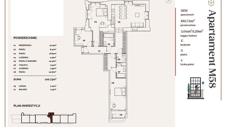 Rzut - Mieszkanie na sprzedaż 4 pokoje o powierzchni 100,73 m² - numer C.58 w Młyny Mogilska
