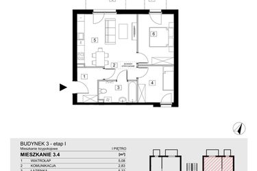 Rzut - Mieszkanie na sprzedaż 3 pokoje o powierzchni 54,46 m² - numer 3.4 w ATAL Jasieny