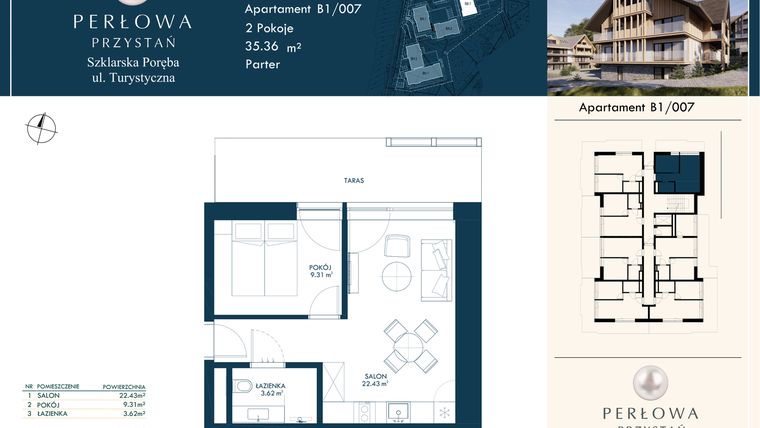 Rzut - Mieszkanie na sprzedaż 2 pokoje o powierzchni 35,36 m² - numer B1/007 w Perłowa Przystań - Szklarska Poręba