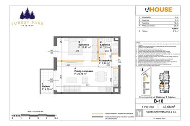 Rzut - Mieszkanie na sprzedaż 2 pokoje o powierzchni 43,58 m² - numer B.18 w Forest Park Kajetany