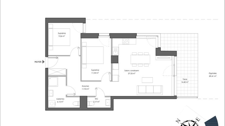 Rzut - Mieszkanie na sprzedaż 3 pokoje o powierzchni 69,37 m² - numer H.105 w Nautica Resort etap III