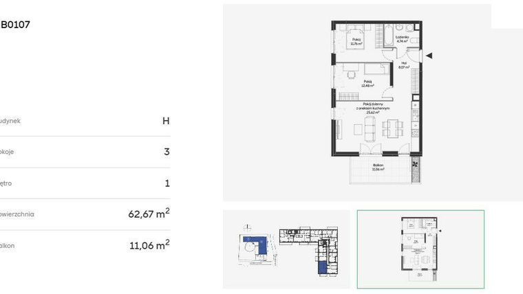 Rzut - Mieszkanie na sprzedaż 3 pokoje o powierzchni 62,67 m² - numer HB0107 w Holm House 5