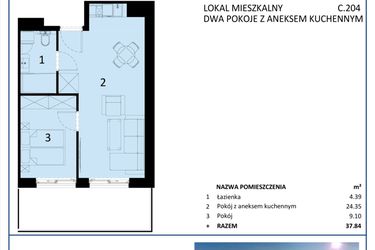 Rzut - Mieszkanie na sprzedaż 2 pokoje o powierzchni 37,85 m² - numer C.204 w Perłowa Przystań - Sianożęty - etap III