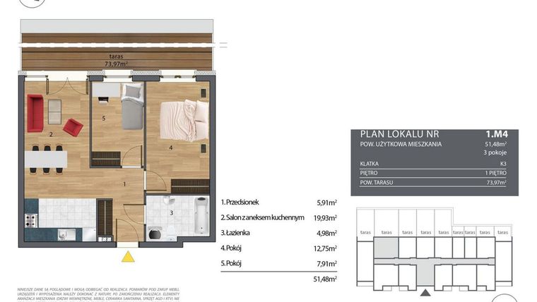Rzut - Mieszkanie na sprzedaż 3 pokoje o powierzchni 51,64 m² - numer K3.1.M4 w Nyska Residence
