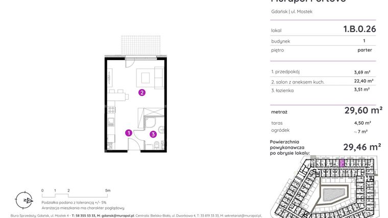 Rzut - Mieszkanie na sprzedaż 1 pokój o powierzchni 29,46 m² - numer 1.B.0.26 w Murapol Portovo etap II