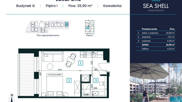 Rzut - Mieszkanie na sprzedaż 1 pokój o powierzchni 26,9 m² - numer G.13 w Magiczny Łukęcin