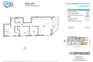 Rzut - Mieszkanie na sprzedaż 3 pokoje o powierzchni 96 m² - numer 1C w ESPHOUSES by Olas