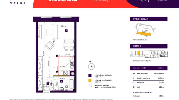 Rzut - Mieszkanie na sprzedaż 1 pokój o powierzchni 43,07 m² - numer 1_2.3 w Wełna. Dom w sercu Żar