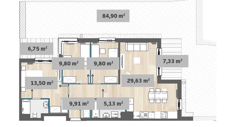 Rzut - Mieszkanie na sprzedaż 4 pokoje o powierzchni 83,53 m² - numer F1.E.00.03 w Sady Żoliborz