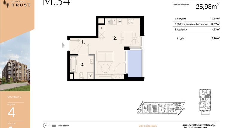 Rzut - Mieszkanie na sprzedaż 1 pokój o powierzchni 25,93 m² - numer B - M.34 w Dzielnica Trust