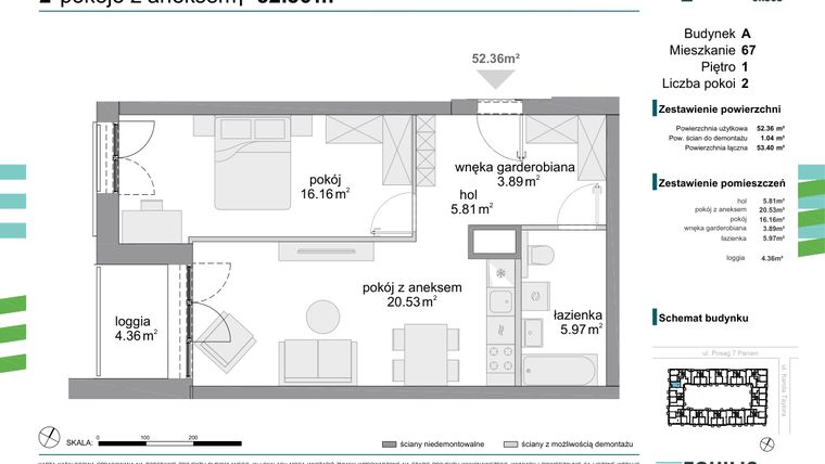 Rzut - Mieszkanie na sprzedaż 2 pokoje o powierzchni 52,36 m² - numer 67 w Osiedle Fokus Ursus