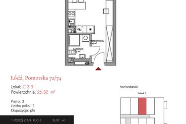 Rzut - Mieszkanie na sprzedaż 1 pokój o powierzchni 26,82 m² - numer C 3.3 w Melody Loft