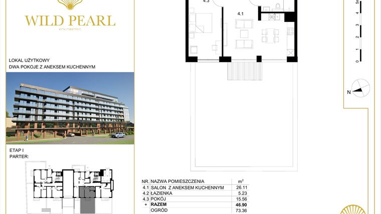 Rzut - Mieszkanie na sprzedaż 2 pokoje o powierzchni 46,9 m² - numer 0.4 w Wild Pearl