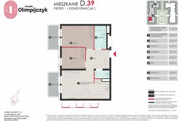 Rzut - Mieszkanie na sprzedaż 3 pokoje o powierzchni 61,71 m² - numer D39 w Osiedle Olimpijczyk II etap
