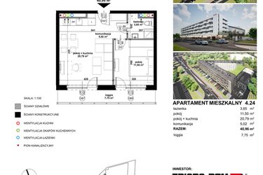 Rzut - Mieszkanie na sprzedaż 2 pokoje o powierzchni 40,95 m² - numer 4.24 w Apartamentowiec Zwycięska 3