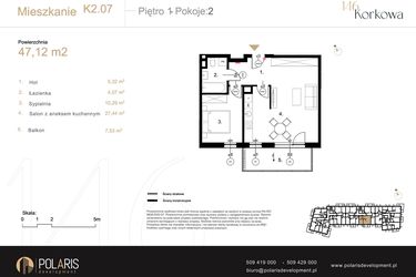 Rzut - Mieszkanie na sprzedaż 2 pokoje o powierzchni 47,12 m² - numer K2.07 w Korkowa 146