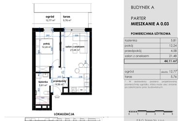 Rzut - Mieszkanie na sprzedaż 2 pokoje o powierzchni 44,11 m² - numer A 0.03 w Osiedle Kwiatowe