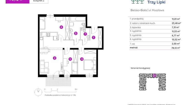 Rzut - Mieszkanie na sprzedaż 4 pokoje o powierzchni 78,52 m² - numer 2.B.0.13 w Murapol Trzy Lipki etap II