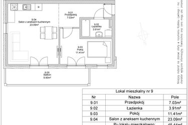 Rzut - Mieszkanie na sprzedaż 2 pokoje o powierzchni 45,44 m² - numer 9 w Apartamenty Jasińskiego