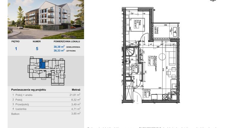 Rzut - Mieszkanie na sprzedaż 2 pokoje o powierzchni 38,33 m² - numer 5 w Balantia