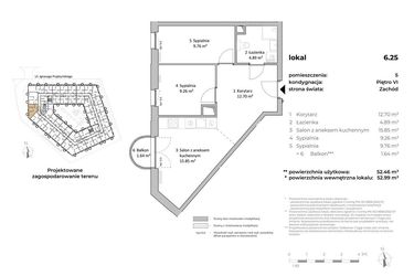 Rzut - Mieszkanie na sprzedaż 3 pokoje o powierzchni 52,56 m² - numer 6.25 w OVAL SKY