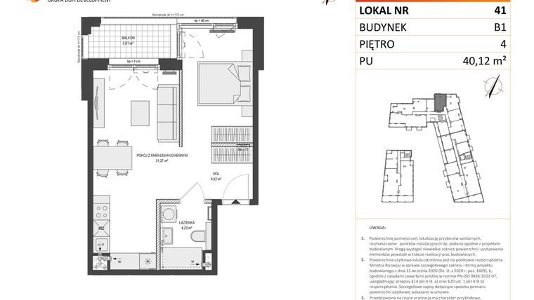 Rzut - Mieszkanie na sprzedaż 1 pokój o powierzchni 40,12 m² - numer B1.41 w Zajezdnia Motława