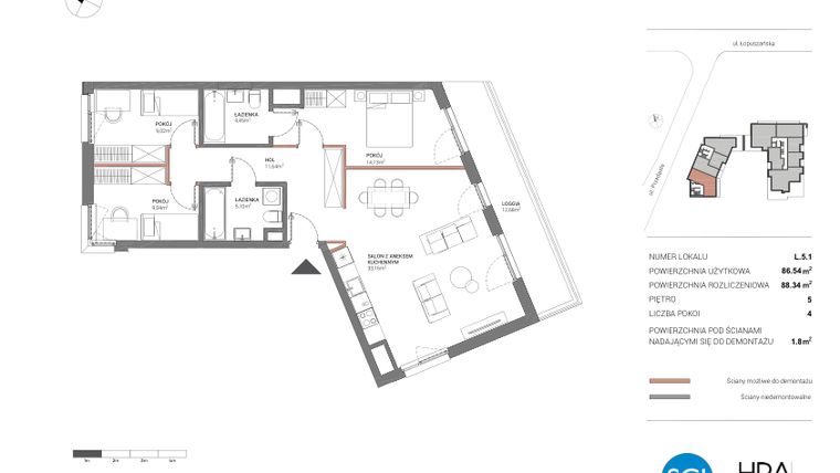 Rzut - Mieszkanie na sprzedaż 4 pokoje o powierzchni 88,21 m² - numer L.5.1 w Łopuszańska 47 - etap 4