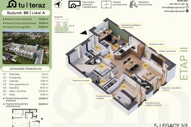 Rzut - Mieszkanie na sprzedaż 3 pokoje o powierzchni 55,68 m² - numer B8-A w Tu i Teraz etap II