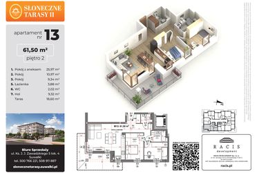 Rzut - Mieszkanie na sprzedaż 3 pokoje o powierzchni 61,5 m² - numer 13 w Słoneczne Tarasy II